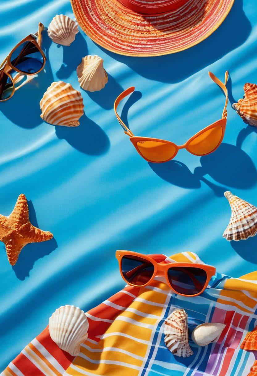A stunning beach scene featuring vibrant bikini beachwear displayed on colorful sheets, waves crashing in the background. The scene should evoke a sense of allure and fantasy, with soft sunlight enhancing the colors and playful shadows. Include playful seashells and sunglasses to add a cheeky touch, while capturing a sense of escapism. super-realistic. vibrant colors. bright blue skies.