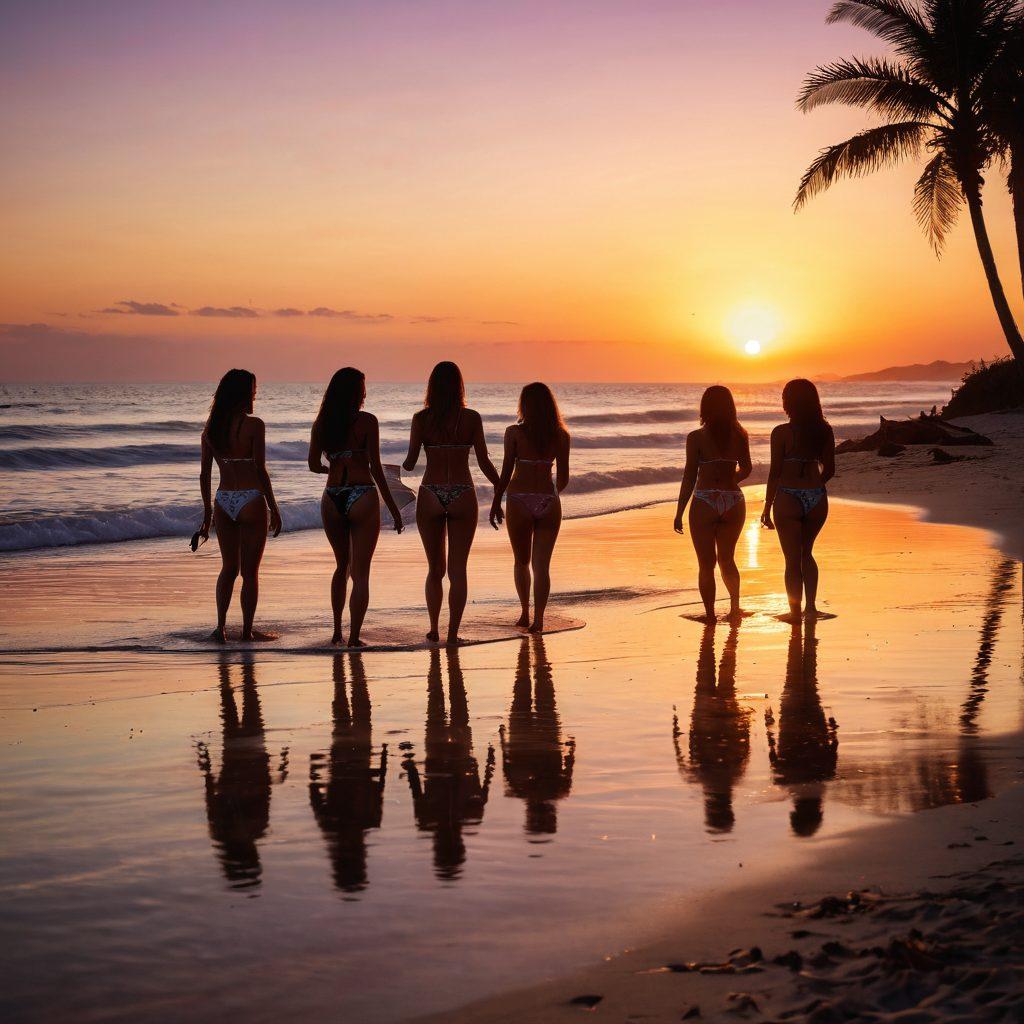 A stunning beach scene at sunset, featuring a diverse group of friends enjoying intimate moments around a bonfire, wearing stylish bikinis. Highlight adventurous elements like surfboards and beach games in the background, while capturing the glow of the sun reflecting on the water. The atmosphere should radiate warmth, joy, and freedom. super-realistic. vibrant colors. soft-focus.